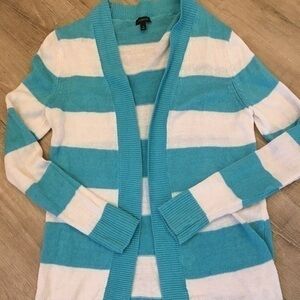 Talbots Linen Open Front Cardigan Size Small Aqua and White Colorblock